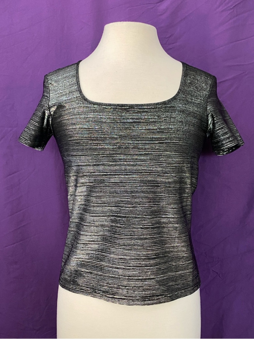 Vintage 90s INC International Concepts Metallic Silver-Black Short Sleeve Top